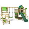FATMOOSE Wooden climbing frame JazzyJungle Jam XXL with SurfSwing, swing set & green slide, Outdoor kids playhouse with sandpit, climbing ladder & play-accessories for the garden
