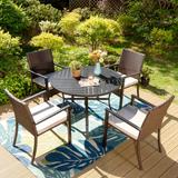 5-Piece Patio Dining Set of 4 Padded Rattan Chairs and 1 Chic Metal Round Table