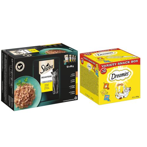 48x85g Varietäten Frischebeutel Delikatesse ingelee Sheba Katzenfutter nass + 12x60g Dreamies...