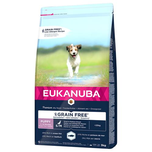 3kg Eukanuba Grain Free Puppy Small / Medium Breed mit Lachs Hundefutter trocken