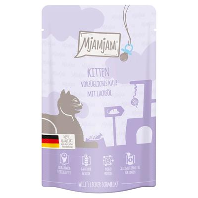 12x125g MjAMjAM Quetschie Kitten vorzügliches Kalb mit Lachsöl Katzenfutter nass