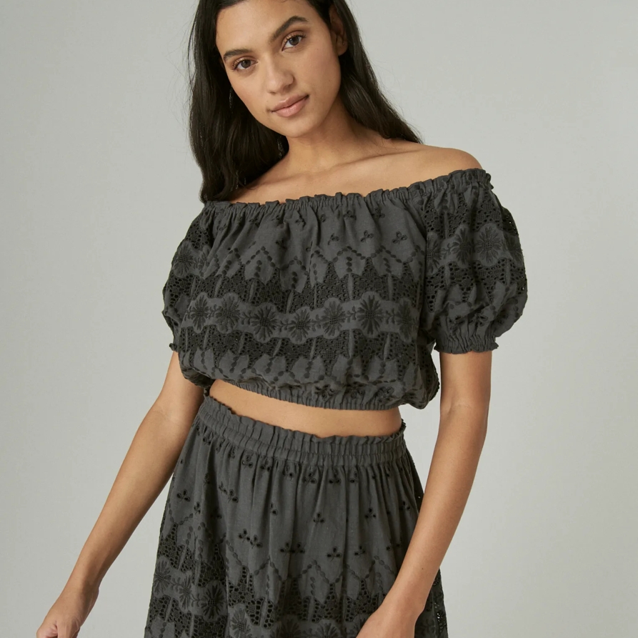 Lucky Brand Off The Shoulder Lace Crop Top - Women's Clothing Tops Tees Shirts in Washed Black, Size M