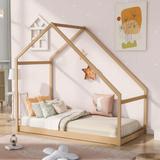 Twin Size Wooden House Bed, Natural