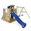 WICKEY Wooden climbing frame Smart Camp with swing set & blue slide, Outdoor kids playhouse with sandpit, climbing ladder & play-accessories for the garden