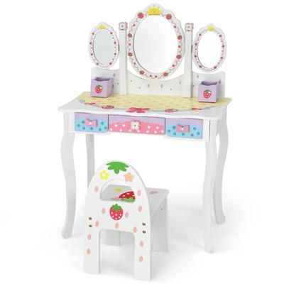 Costway Kids Vanity Princess Makeup Dressing Table Chair Set with Tri-fold Mirror-White