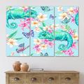 East Urban Home Green Chameleon w/ Butterflies & Flowers IV - 3 Piece Wrapped Canvas Graphic Art Canvas, in White | 28 H x 36 W x 1 D in | Wayfair