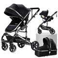 3 in 1 Baby Travel System Pushchair Baby Stroller 3 in 1 Portable Travel Baby Carriage Folding Baby Prams Aluminium Frame High Landscape Car for Newborn Babyboomer Poussette (Black)