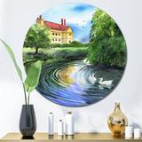 Red Barrel Studio® Swans in the Pond of Old English Estate - Unframed Painting Metal in Blue/Green/Yellow | 23 H x 23 W x 1 D in | Wayfair