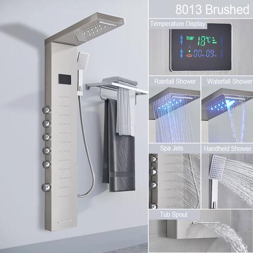 LED Duschpaneel-System mit Massagejets, Wasserfall Duschsäule, Duschset,8013 gebürstet