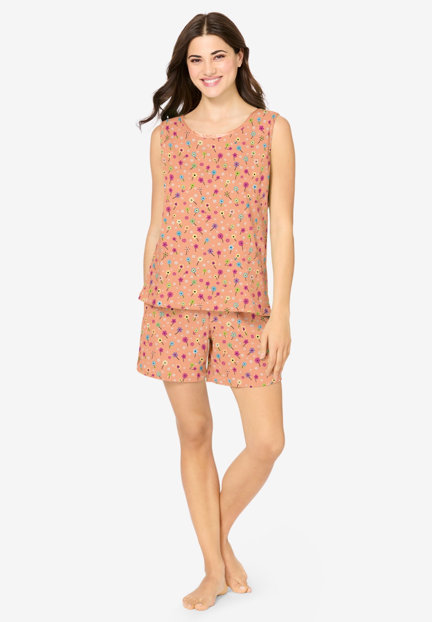 Plus Size Women's 2-Piece Sleeveless Tee and Shorts PJ Set by Dreams & Co. in Honey Peach Floral (Size M)