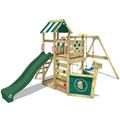 WICKEY Wooden climbing frame SeaFlyer with swing set & green slide, Outdoor kids playhouse with sandpit, climbing ladder & play-accessories for the garden