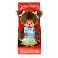 Sekiguchi 243891 - Original Monchhichi Mädchen, Plüschfigur mit Storchen-Kleid und Zöpfen mit Schleifen, ca. 20 cm großes Kuscheltier aus braunem Plüsch