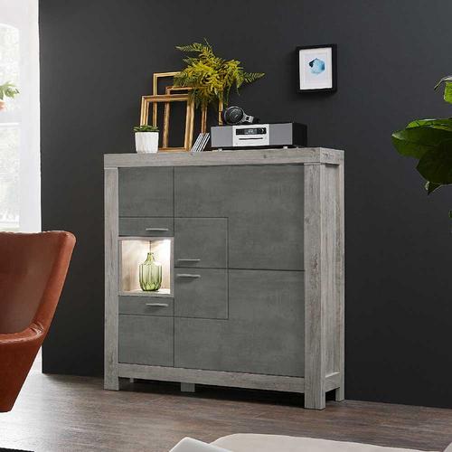 Wohnzimmer Highboard in Beton Grau und Eiche dunkel Beleuchtung