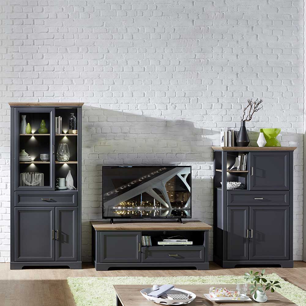 Landhaus Anbauwand in Dunkelgrau Eichefarben (dreiteilig)