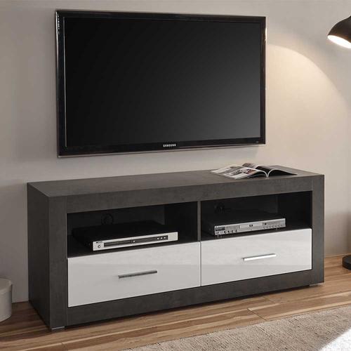 TV Möbel in Weiß Hochglanz und Beton Grau 150 cm breit