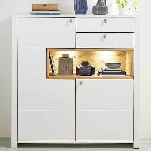 Wohnzimmer Highboard in Weiß und Wildeiche Optik LED Beleuchtung