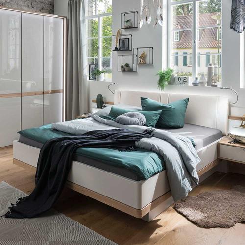 Design Doppelbett in Beige und Eiche Bianco LED Beleuchtung