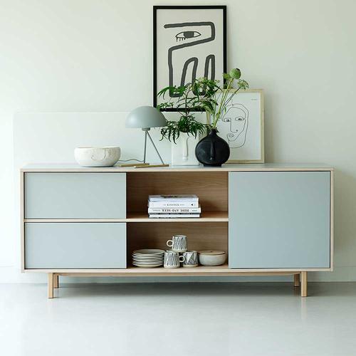 Wohnzimmer Sideboard in Eiche Bianco und Hellgrau 180 cm breit