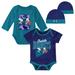 Newborn & Infant Mitchell Ness Purple/Teal Charlotte Hornets 3-Piece Hardwood Classics Bodysuits Cuffed Knit Hat Set