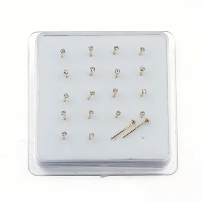 1set 20 Pcs Straight Pin Nose Stud With 1.5mm Crystal Nose Piercing Body Jewelry Nose Studs Rings