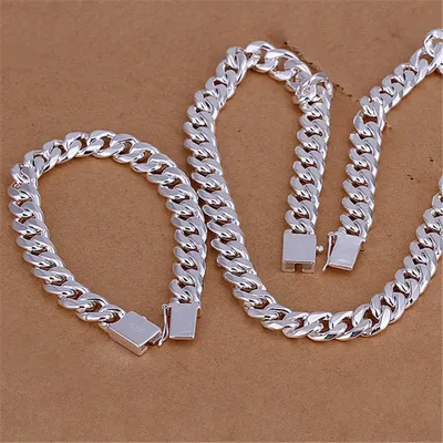 Hot new 925 sterling Silver classic 10MM Square Chain Bracelets necklace Jewelry set for men