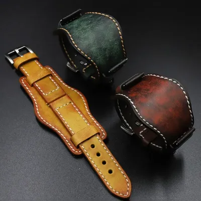 Onthelevel Leather Cuff Watch Band 20mm 22mm 24mm Watch Strap With Mat Wrist Protection Yellow Red Watchband for Fossil Watch