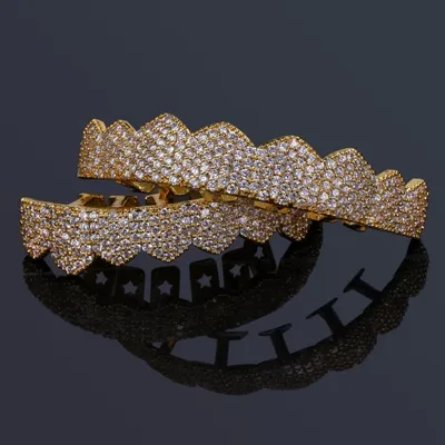 TOPGRILLZ Fit Gold Silver Color Iced Out Hip Hop Teeth Grillz Micro Pave Cubic Zircon Top & Bottom