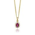 Miore cluster necklace with diamonds and ruby set in 9 karat 375 yellow gold pendant with 12 natural diamonds 0.07 carat and oval natural red ruby 0.31 carat, chain 45 cm