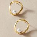 Anthropologie Jewelry | Last Pair! Gold Hoop Minimalist Pearl Studs Huggies | Color: Gold/White | Size: Os