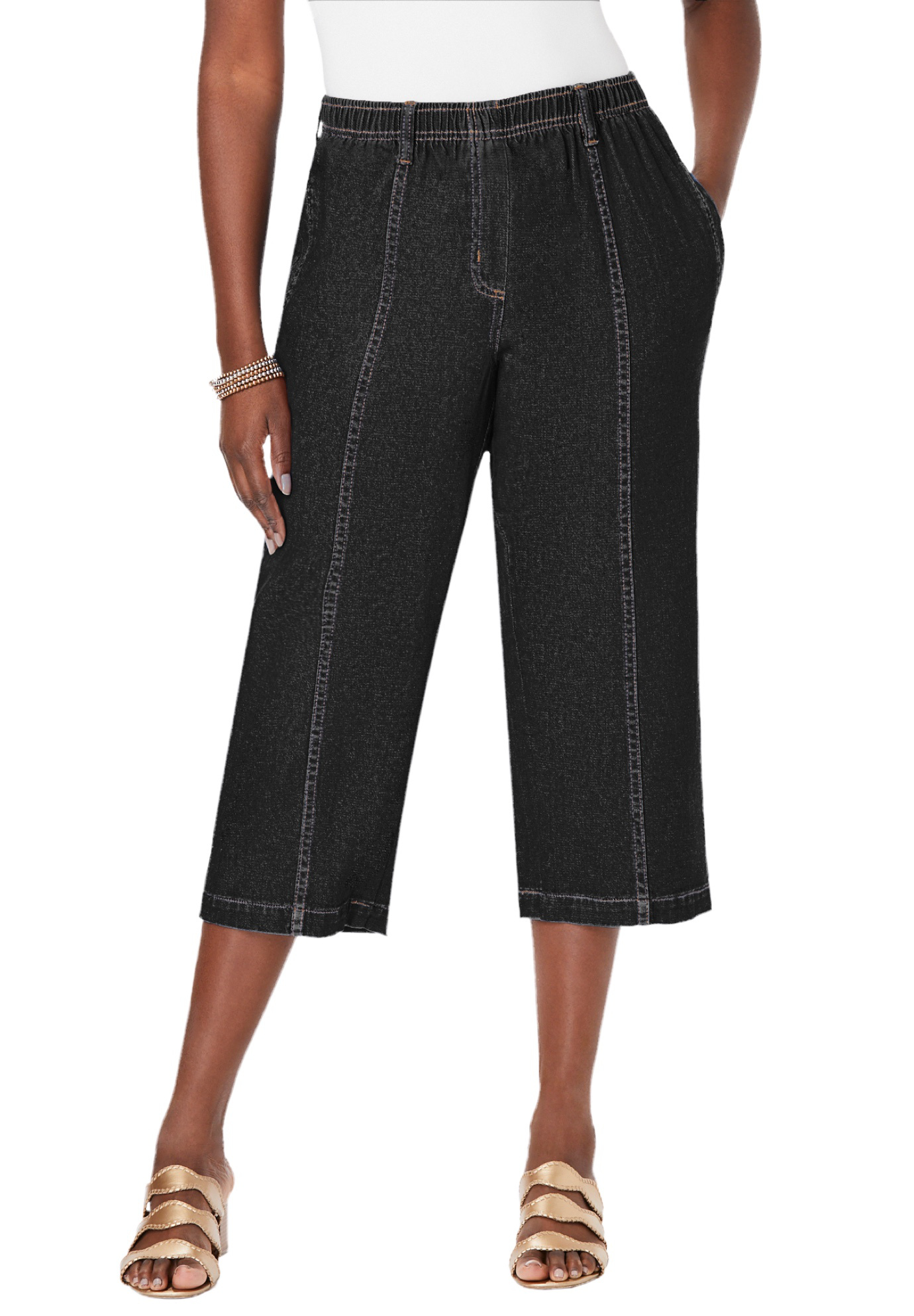 Plus Size Women's Plus Size Easy-Wear Straight Leg Capri by Roaman's in Black Denim (Size 32 W)