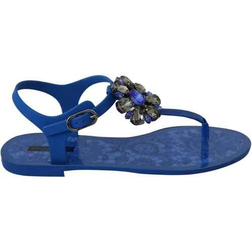 Dolce & Gabbana Blaue Kristallsandalen Flip Flops Schuhe
