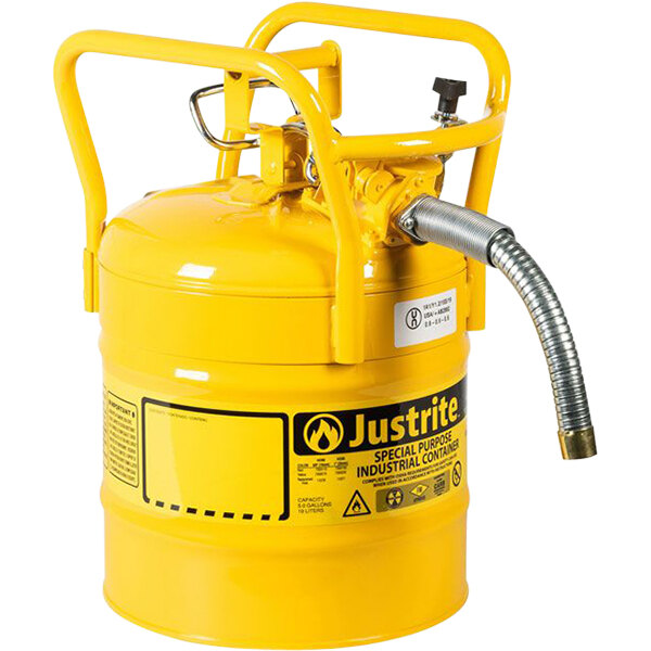 Justrite 5 Gallon DOT Type II Yellow Steel Diesel AccuFlow Safety Can with 1" Diameter Metal Hose, Flame Arrester, and Roll Bars 7350230