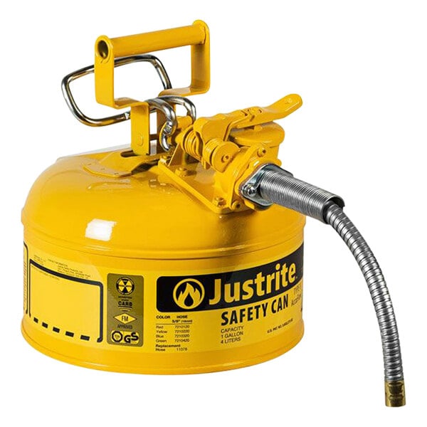 Justrite 1 Gallon Type II Yellow Steel Diesel AccuFlow Safety Can with 5/8" Diameter Metal Hose and Flame Arrester 7210220