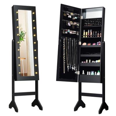 Costway Mirrored Jewelry Cabinet Armoire Organizer w/ LED lights-Black