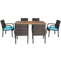 Costway 7Pcs Patio Rattan Cushioned Dining Set with Umbrella Hole-Turquoise