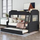 Twin over Full Upholstered Bunk Bed w/Trundle and Ladder,Tufted Button