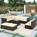 9-Pcs Outdoor Reinforced&Rust Resistant Wicker Rattan Cushioned Sectional Seating Group Sofa Set with 2 Ottomans and 1 Table