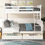 Modern Twin over Full Solid Pine Wood Bunk Bed with Full Length Guardrail, Inclined Ladder and 2 Drawers