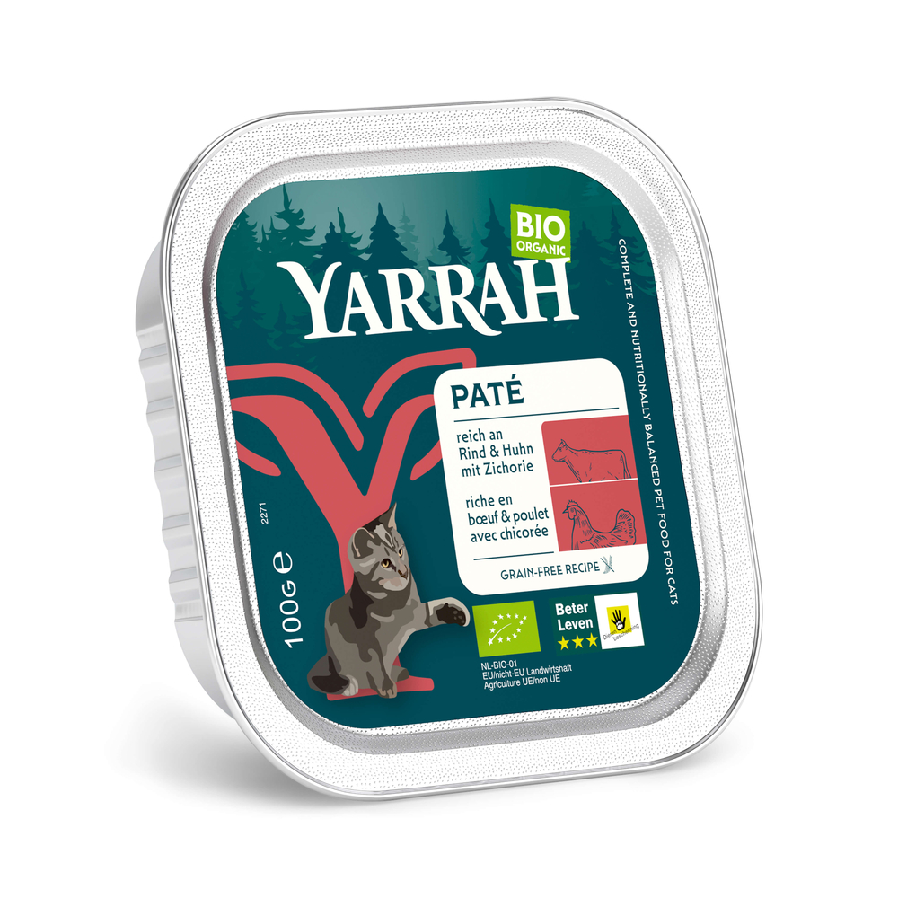 12x100g Pâté: Beef with Chicory Yarrah Organic Tray Wet Cat Food