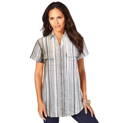 Plus Size Women's Seersucker Big Shirt by Roaman's in Natural Seersucker Stripe (Size 22 W)