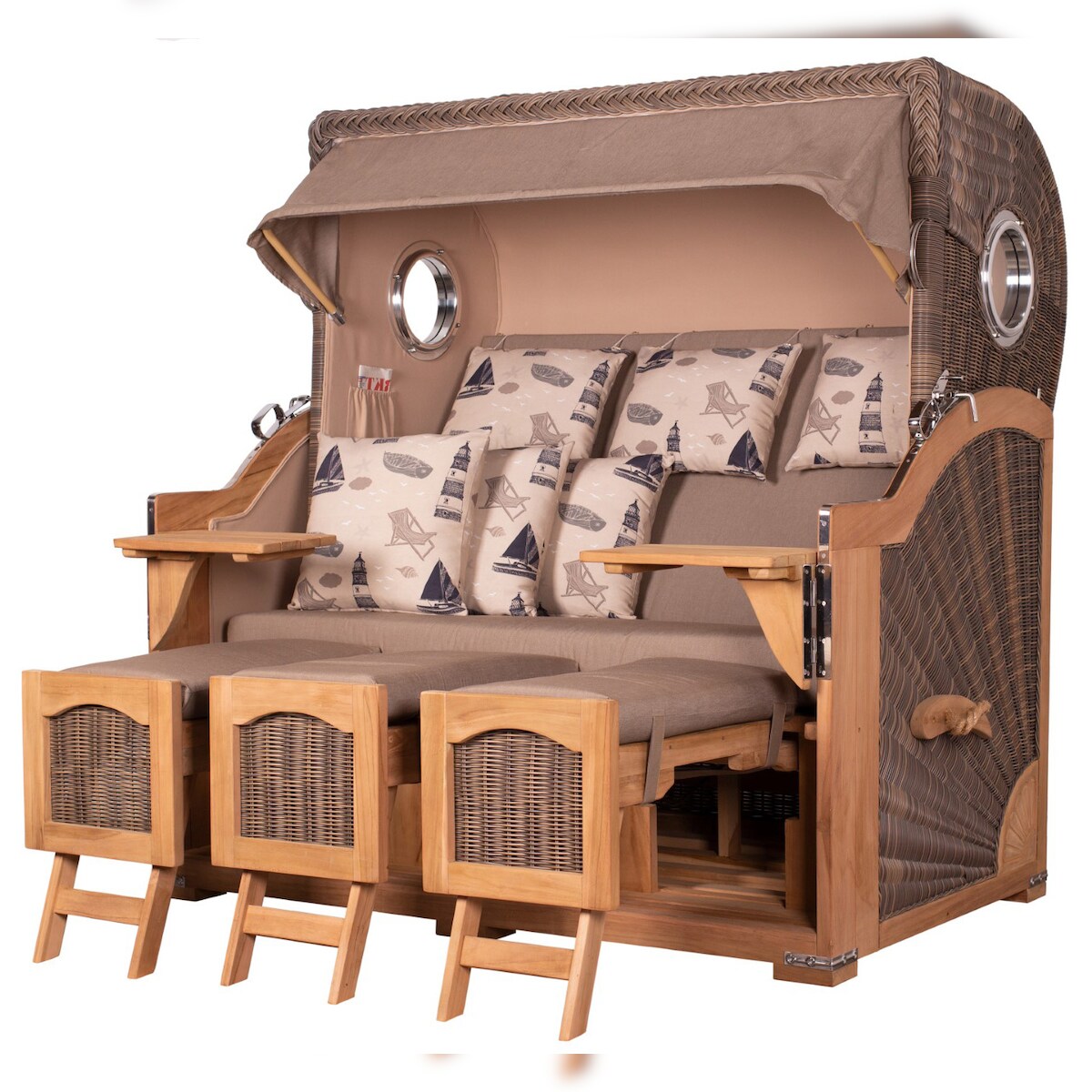 Mr. Deko Strandkorb - bene living - Ammersee Grande XXL Teak Bullauge - PE grau - Modell 540 - 3-Sitzer inkl. Liftersystem Image