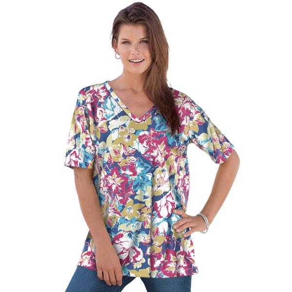 plus-size-womens-v-neck-ultimate-tee-by-roamans-in-vivid-blue-summer-floral--size-s--100%-cotton-t-shirt/
