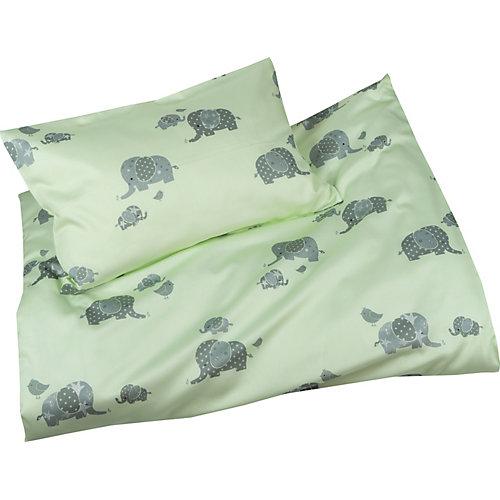 Mako Satin Kinderbettwäsche Elefanten mit Kissenbezug grün