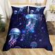 Jellyfish Comforter Cover,Trippy Jellyfish Duvet Cover for Kids Boys Girls,Purple Galaxy Starry Sky Bedding Set Double,Coastal Animal Quilt Cover with 2 Pillow Shams Zipper&Ties Soft