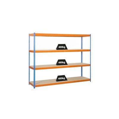 PROREGAL Schwerlastregal WOOD BEAST FOUR | HxBxT 200x240x45cm | 4 Ebenen | Fachlast 400kg | Blau-Orange | Werkstattregal Lagerregal Gargenregal Image