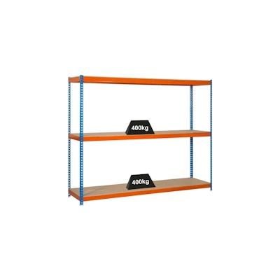 PROREGAL Schwerlastregal WOOD BEAST THREE | HxBxT 200x240x45cm | 3 Ebenen | Fachlast 400kg | Blau-Orange | Werkstattregal Lagerregal Gargenregal Image