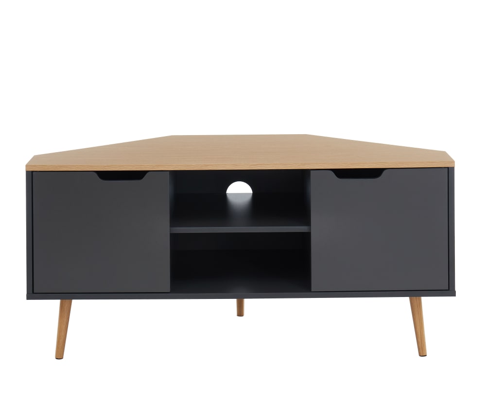 Meuble tv d'angle gris et effet chêne 2 portes 115cm noir et bois