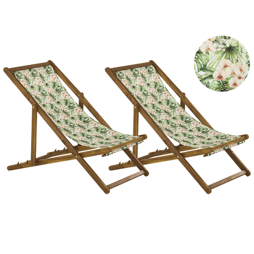 Liegestühle 2er Set Grün/Rosa mit Blumenmuster aus hellem Akazienholz zusammenklappbar Gartenausstattung Outdoor Gartenzubehör Modern