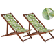 Liegestühle 2er Set aus dunklem Akazienholz Bezug grün/weiß zusammenklappbar Flamingomuster Gartenausstattung Outdoor Gartenzubehör Modern