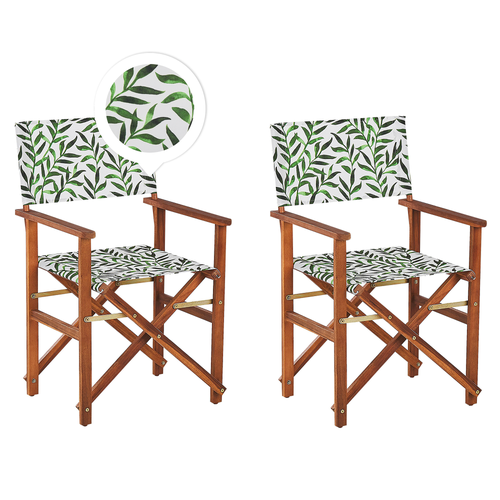 Gartenstühle 2er Set Dunkles Akazienholz mit Wechselbarem Bezug Grau / Grün Zusammenklappbar Blattmuster Outdoor Gartenzubehör